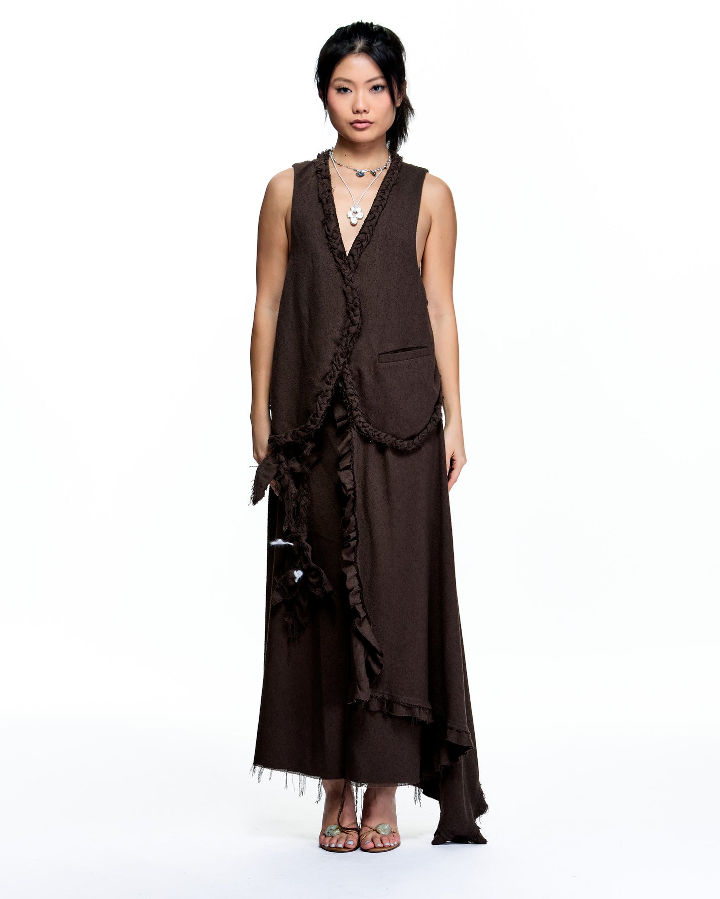 ASYMMETRICAL BOUCLE DRAPY RUFFLE SKIRT_CHOCOLATE