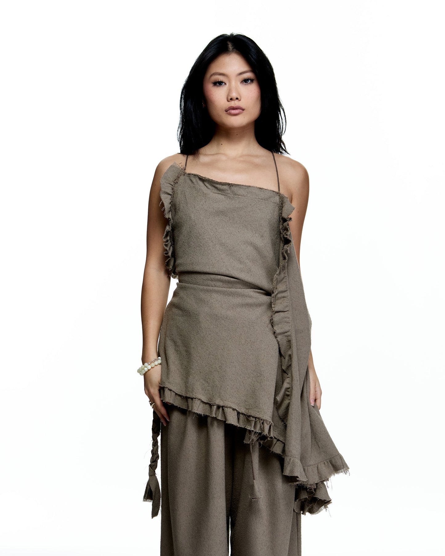 ASYMMETRICAL BOUCLE FLOWY RUFFLE TOP_ BLACK