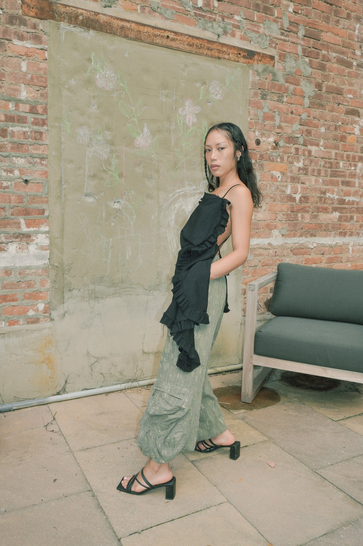WASHED MOSS DENIM CARGO PANTS