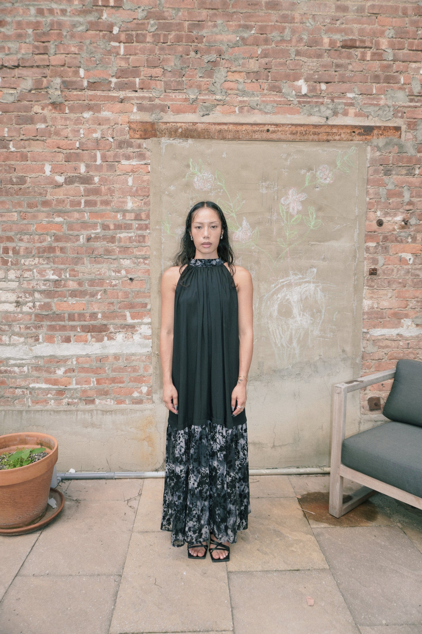TIE NECK MAXI DRESS _ BLACK