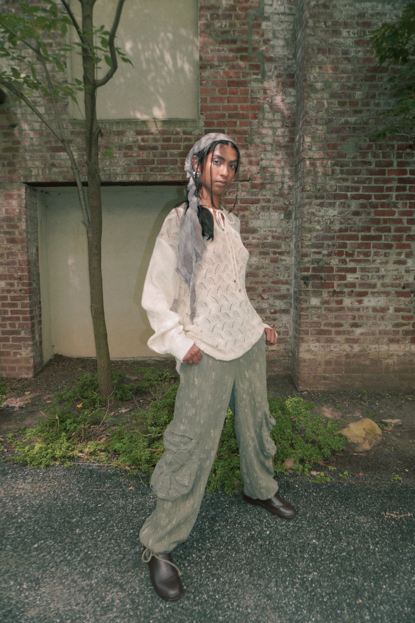 WASHED MOSS DENIM CARGO PANTS