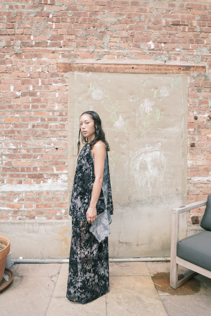 LAYERING HALTER NECK MAXI DRESS _ BLACK MULTI PRINT