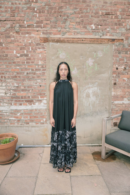 TIE NECK MAXI DRESS _ BLACK