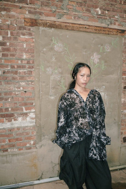 OPEN NECK MESH FLOCKING PRINT SHIRT