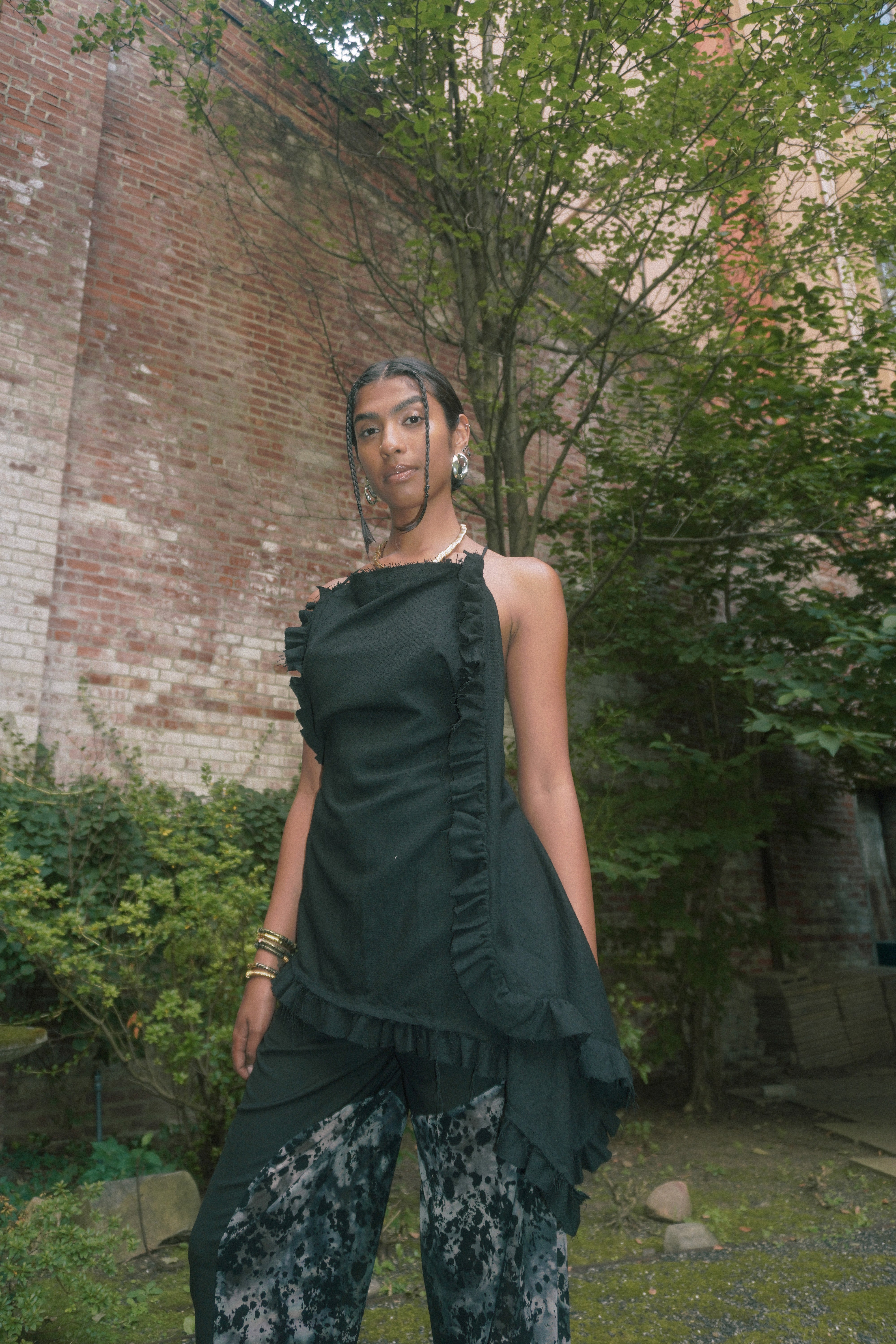 ASYMMETRICAL BOUCLE FLOWY RUFFLE TOP_ BLACK – CHAN CHIT LO