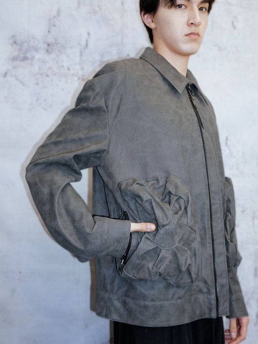 DETACHABLE REGENERATED LEATHER BOMBER JACKET