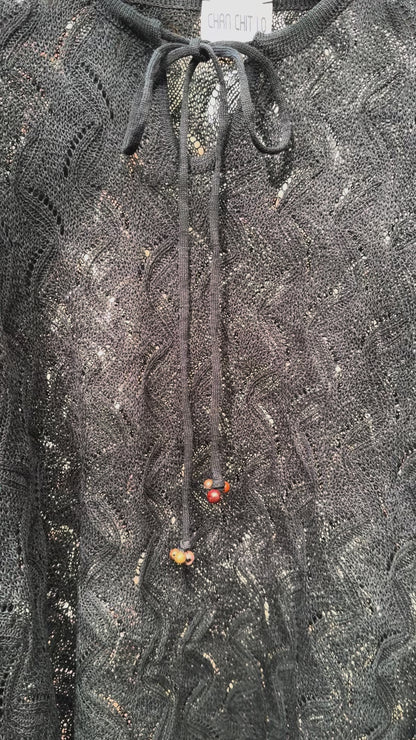 RIPPLE LACE STITCH WOOD BEAD TIE UP SWEATER