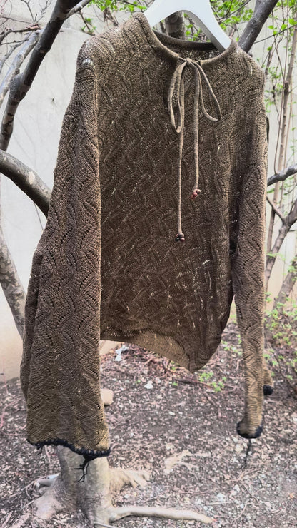 RIPPLE LACE STITCH WOOD BEAD TIE UP SWEATER